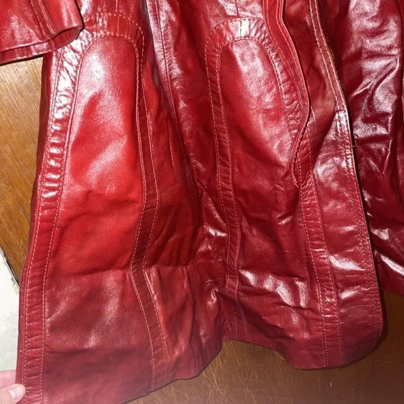 Vintage 100% Leather Suburban Heritage Trench Coat Red Wine 70's? Size 16 Belted - Picture 2 of 8